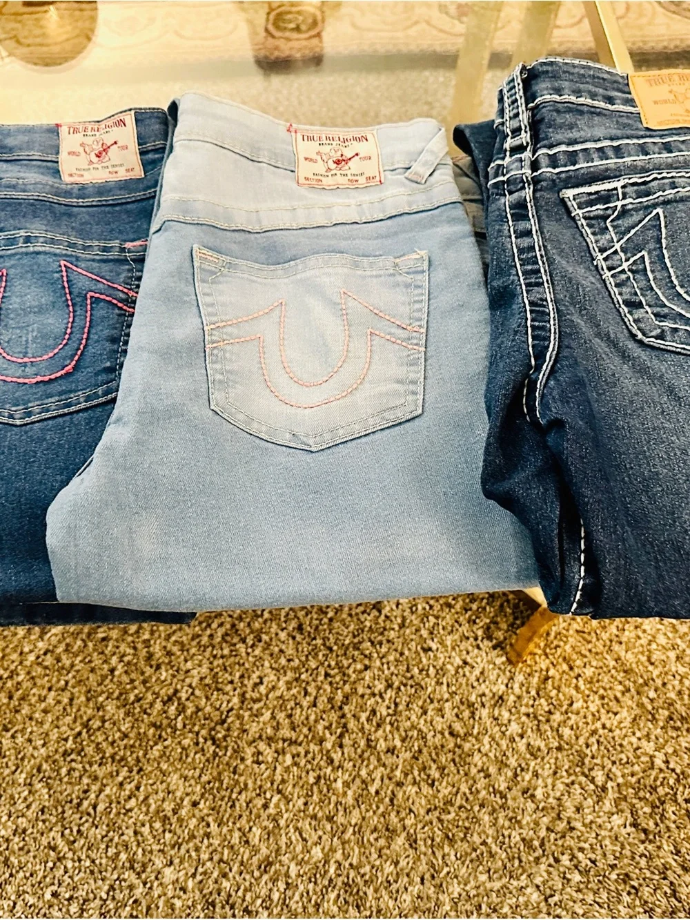 True Religion Kids Skinny Jeans Trio in Light Blue, Medium Blue, and Dark Blue